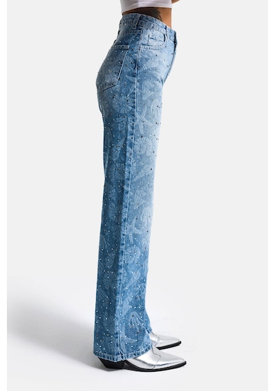 it's basic Kadın Kot Rengi T-2s6-27 Straight Fit Özel Baskılı Kumaş Parlak Taşlı Tasarım Denim Jean