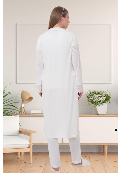 Mecit Pijama Mecit 1541 Bayan Hamile Lohusa Ekru Uzun Sabahlık Pijama Takımı
