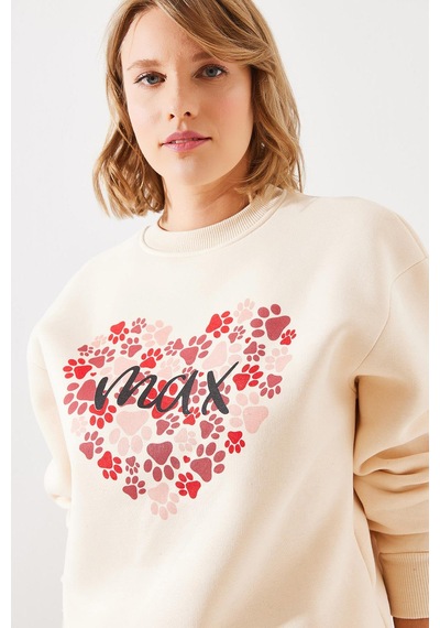 Shade Kadın Üç İplik Şardonlu Yuvarlak Yaka Pati Baskılı Sweatshirt Mbhs005 60601005 - Bej