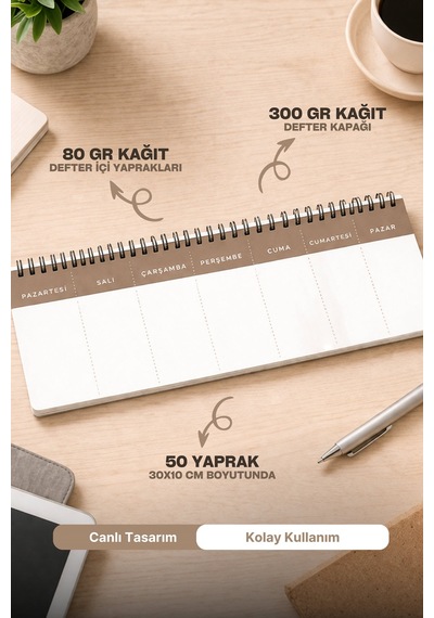 Tarihsiz Spiralli Haftalık Masaüstü Planlayıcı - Kalpler - 10x30 Cm Plango Turkuaz
