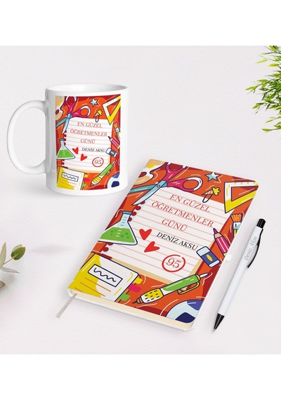 Bk Gift Kişiye Özel İsimli Öğretmenler Günü Tasarımlı Defter Kalem Kupa Hediye Seti - 2, Öğretmene Hediye, Öğretmenler Günü