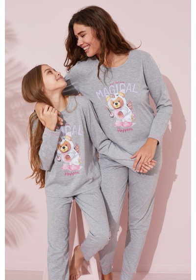 Siyah İnci Baskılı Pamuklu Örme Pijama Takım 24241095 Gri