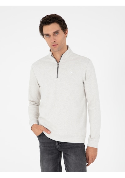 Ekru Regular Fit Pamuk Karışımlı Yarım Fermuarlı Sweatshirt Bej