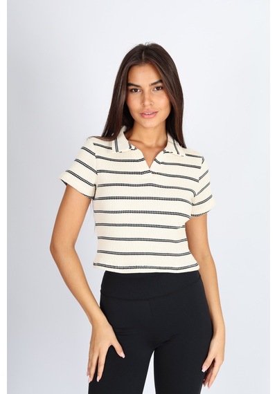 Soft&Basic Polo Yaka Raporlu Ekru Jakar Crop Fit T-shirt Ekru
