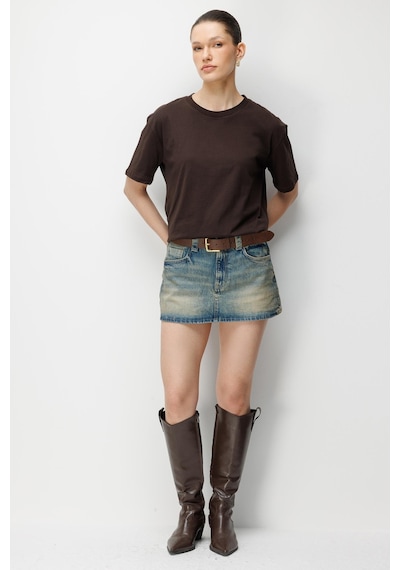 Mixray 4851 Kadın Oversize Fit Bisiklet Yaka Basic T-shirt Kahve Kahverengi