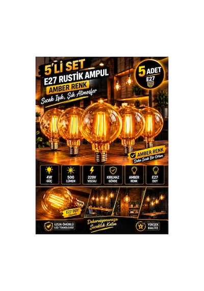 5 Adet Amber Rustik Balon Ampul E27 - Kırılmaz Ampul 4w Sıcak Amber Işık Dekoratif Led Ampul G95 ,dekoratif Ambiyans Ampülü,