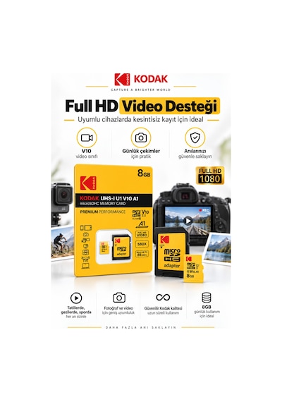 8gb Microsdhc Hafıza Kartı Uhs-ı U1 V10 A1 85 Mb/s Full Hd Destekli Sd Adaptörlü