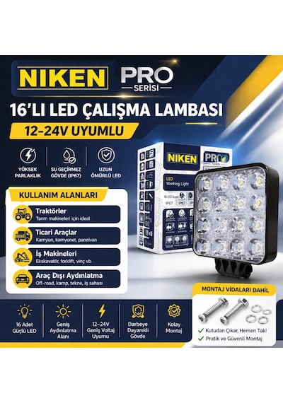 16 Ledli Kare Çalışma Lambası 12v-24v Uyumlu-montaj Aparatlı-yerli Üretim Türk Malı 9/48v Proseries