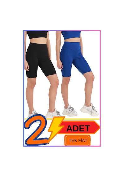 Missmaral Kadın Yüksek Bel Toparlayıcı Şort Tayt Siyah & Mavi 2'li Paket Lycralı Biker Shorts 21070 Siyah - Mavi