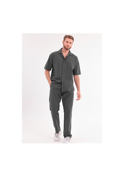 Erkek Siyah Keten Takım Oversize Gömlek & Pantolon 2'li Set Bağcıklı Rahat Yazlık Kombin Haki