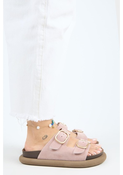 Manijero Lavanda Kadın Hakiki Deri Çift Tokalı Pudra Terlik