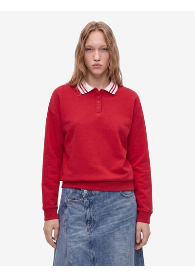 Koton Rahat Kalıp Düğmeli Uzun Kollu Çizgili Polo Yaka Sweatshirt Kırmızı 7wal10212ık