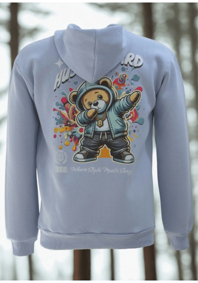 Feydi Unisex İçi Polarlı Kapüşonlu Sweatshirt Hustle Gard Baskılı Açık Mavi