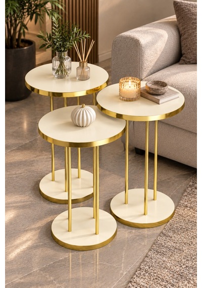 Sulorahome Krem Bej 3'lü Yuvarlak Zigon Sehpa Takımı Gold Metal Ayaklı Bej - Altın