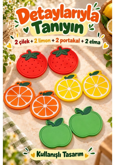 8'li Meyve Desenli Bardak Altlığı Seti Çilek Limon Portakal Elma Kahve Fincan Altlığı Masa Aksesuarı Çok Renkli