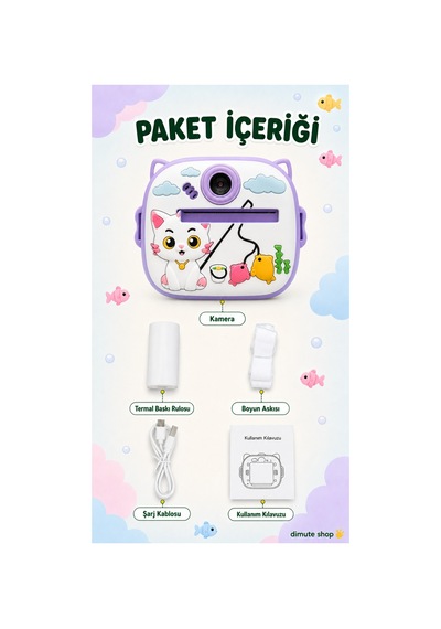 Cmr90 Çocuklar İçin Anında Baskılı Mini Dijital Kamera 1080p Çift Kameralı Mor Kedi - 902064815