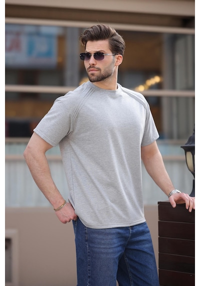 Madmext Gri Bisiklet Yaka Basic Erkek T-shirt E7138 Gri