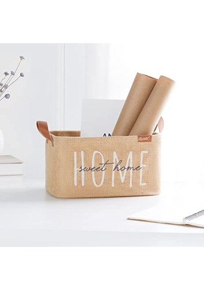 Ocean Home Textile Home Sweet Home Baskılı Dikdörtgen Jüt Sepet //30x21x18 Açık Bej