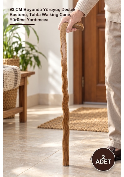 2 Adet Ahşap Baston 93 Cm Boyunda Yürüyüş Destek Bastonu, Tahta Walking Cane, Yürüme Yardımcısı