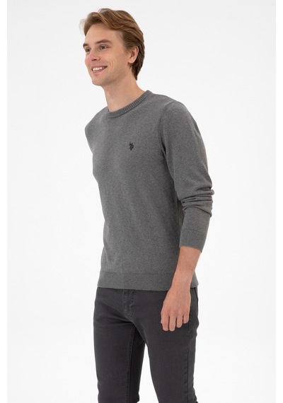 U.S. Polo Assn. Erkek Slim Fit Bisiklet Yaka Gri Melanj Basic Kazak 50313713-VR086