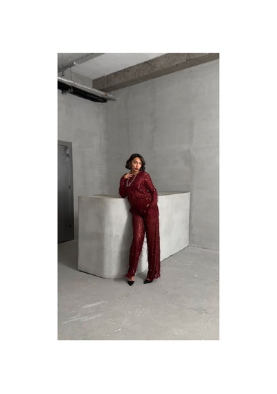 Verymoda Pullu Tül Pantolon F1611 Bordo