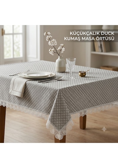 Küçükçalık Duck Kumaş Çiçeksi Gri Desenli Dantelli Masa Örtüsü