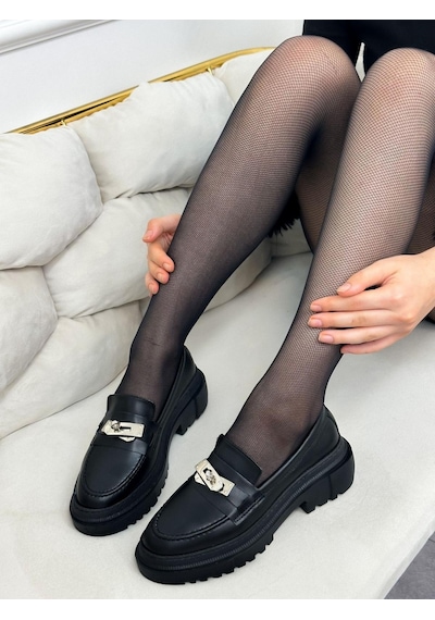 Erva'nın Butiği Siyah Cilt Chain Toka Detay Kadın Loafer-4876