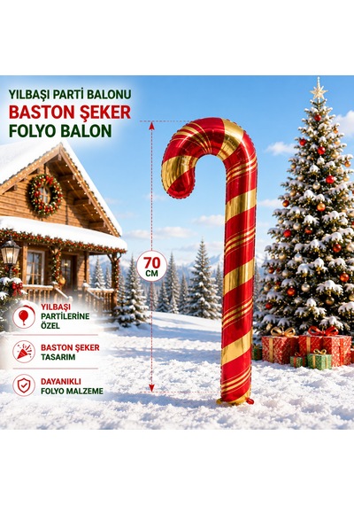 Vıp 2 Adet 70 Cm Kırmızı Gold Baston Şeker Folyo Balon Gold Kırmızı Baston Şeker Yılbaşı Balonu
