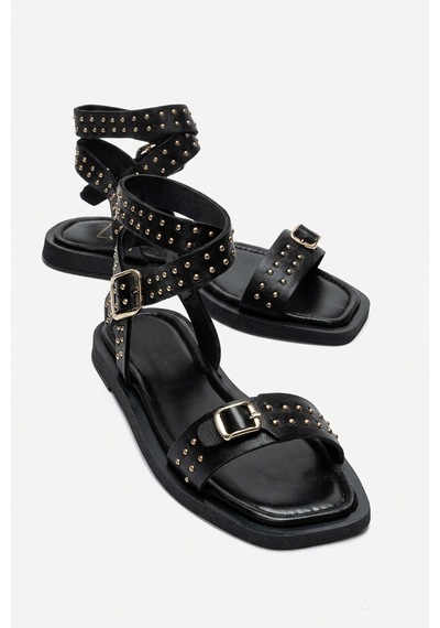 Luvishoes Carril Siyah Hakiki Deri Troklu Kadın Sandalet Siyah