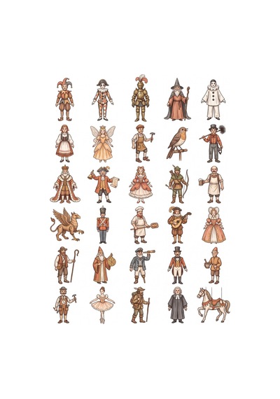 30 Adet Nostaljik Ahşap Kukla Sticker Seti - Laptop, Defter, Ajanda İçin Çok Renkli