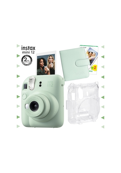 Fujifilm Instax Mini 12 Fotoğraf Makinesi + 20'lu Film + Kare Albüm + Şeffaf Kılıf Seti Yeşil