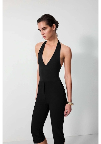 Vatkalı Derin V Yaka Bodysuit-16646 Siyah