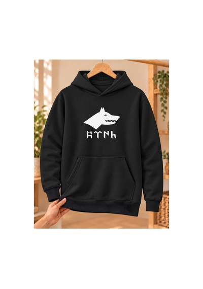 Mor Mürekkep Bozkurt Silüeti Ve Göktürk Yazısı Baskılı Kapüşonlu Sweatshirt - Siyah
