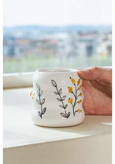 Rivaistanbul Sarı Çiçekler Amore El Yapımı Seramik Double Kahve Bardağı Mug Kupa Krem