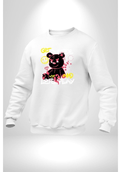 Dışarı Çık Ve Oynayalım Teddy Unisex Beyaz Sweatshirt Beyaz