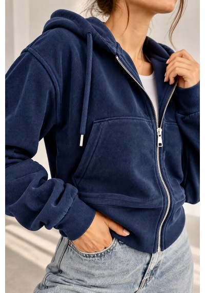 Bb Butik Basic Selanik Dokulu Fermuarlı Kapüşonlu Kadın Sweatshirt My3535 Lacivert