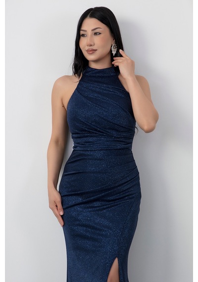 Kalopya Halter Yaka Yırtmaçlı Simli Elbise Drp0013 Lacivert