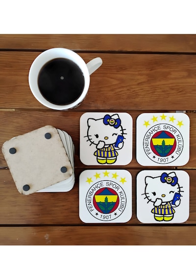 Fenerbahçe Hello Kitty Dekoratif Ahşap Bardak Altlığı Seti 022 Çok Renkli