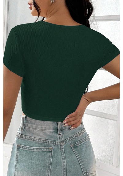 Angbutik Kadın Yeşil Yarım Kol Düz Yaka Crop Top Bluz