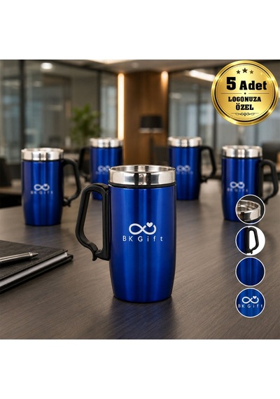 Logonuza Özel 5 Adet 5304 Çelik Kupa 240 Ml Kilitli Kapaklı Kurumsal Termos Mug Mavi