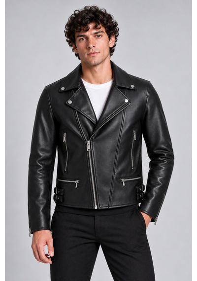 Maison Rae Erkek Siyah Slim Fit Biker Deri Ceket Çapraz Fermuarlı, Çok Cepli, Kemer Tokalı