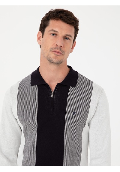 Cacharel Lacivert Slim Fit Pamuk Karışımlı Fermuarlı Polo Yaka Triko Kazak