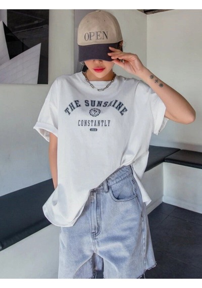 Flood Of Style Kadın Beyaz The Sunshine Baskılı Bisiklet Yaka Oversize T-shirt