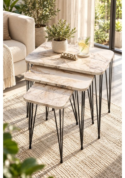 Odera Efes Ahşap Desenli Zigon Sehpa 3'lü Set Metal Tel Ayaklı Modern Retro Salon Sehpası Diğer