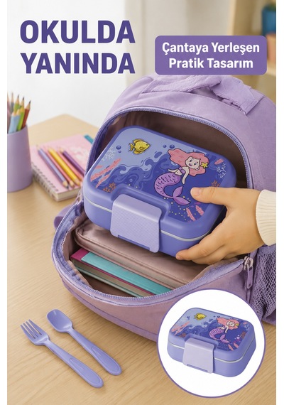 Happi Deniz Kızı Paslanmaz Çelik Bölmeli Beslenme Kutusu 1030 Ml Çatal Kaşık Dahil Mor