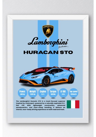 Lamborghini Huracan Sto Premium Araba Tablosu - Teknik Özellikli İtalyan Otomobil Duvar Dekoru Beyaz