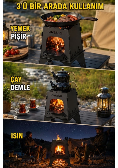 Onesso Camp Katlanabilir Ateş Kutusu Kamp Ocağı 2.5mm Kalın Çelik - Taşıma Çantası Hediyeli, Portatif Izgaralı Odun Sobası, 3'ü Bir Arada Yemek & Çay & Isınma Siyah
