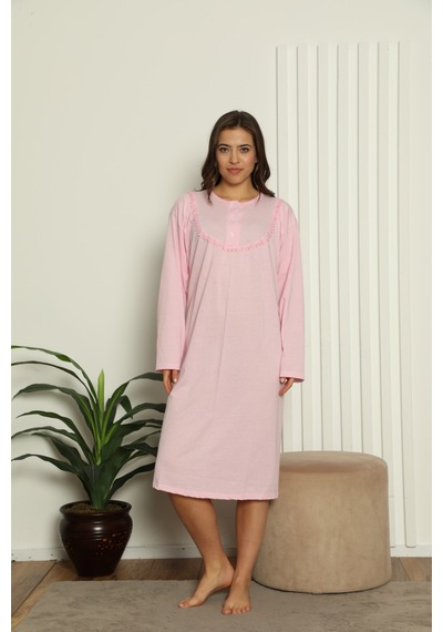 Yasar Underwear Kadın Uzun Kollu Dantel Detaylı Rahat Kesim %100 Pamuk Gecelik Açık Pembe Açık Pembe