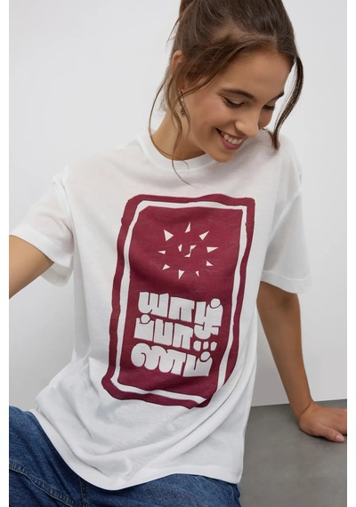 Hiccup Oversize Baskılı Bisiklet Yaka Tişört Bordo Kırmızı
