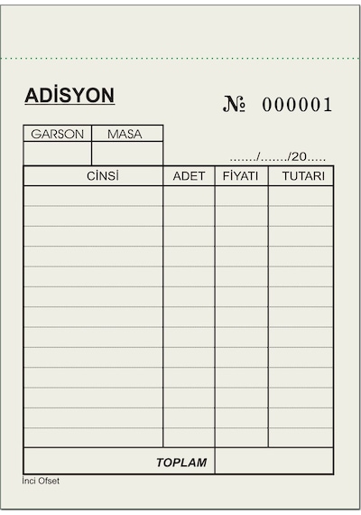 Adisyon Sipariş Fişi A6 Tek Nüsha 25 Cilt